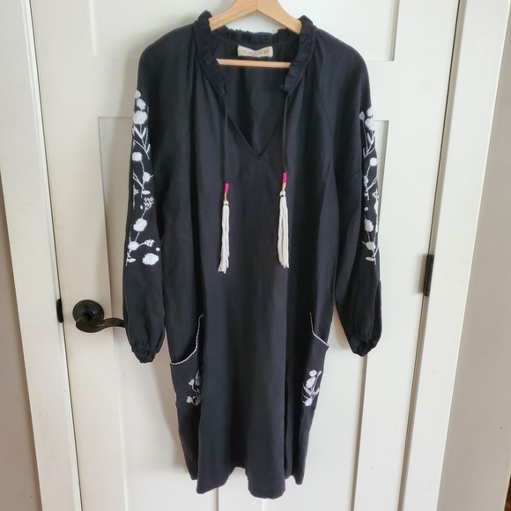 Dolan Ivanhoe Tunic Dress Black Floral Embroidered Tassel Boho Shift XL Linen